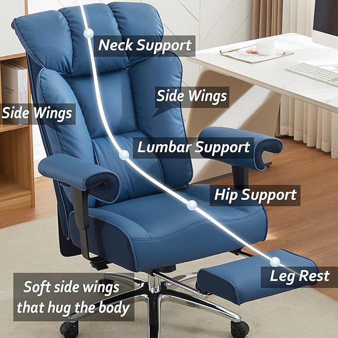 Efomao Big and Tall Office Chair 400lbs - Heavy Duty Executive Desk Chair with Foot Rest & 23" Wide Seat - High Back Ergonomic Leather Computer Chair for Heavy People, Home Office, Blue