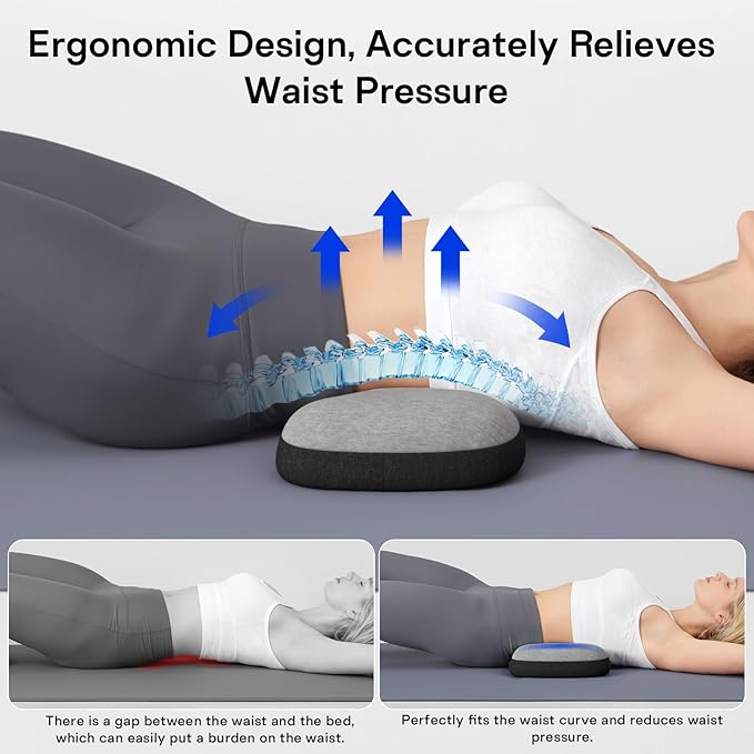 Lumbar Support Pillow for Bed, Lower Back Pillow for Sleeping, Memory Foam Waist Pain Relief Pillows, Lumbar Pillow for Sleeping, Bed, Car, Couch (Grey Black)