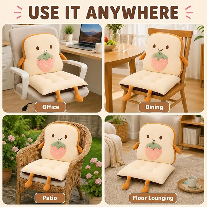 ChezMax Chair Cushion Plush Detachable Seat Back Cushion with Ties Thickened Chair Pads Toast Cartoon Waist Pillow for Outdoor Car Office Patio Bedroom Living Room Strawberry