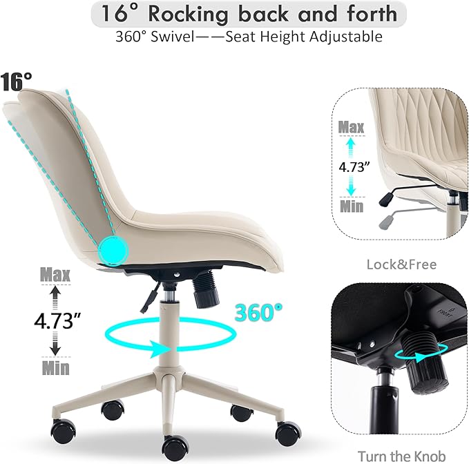 YOUNIKE Cream Faux Leather Ergonomic Office Chair Armless Comfy Desk Chair with Rocking Back Cute Swivel Vanity Chair with Wheels Height Adjustable Small Computer Task Chair for Sewing Drafting