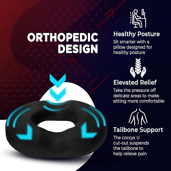 Donut Pillow Seat Cushion Orthopedic Design| Tailbone & Coccyx Memory Foam Pillow | Relieve Pain and Pressure for Hemorrhoid, Pregnancy Post Natal, Surgery, Sciatica (Black)