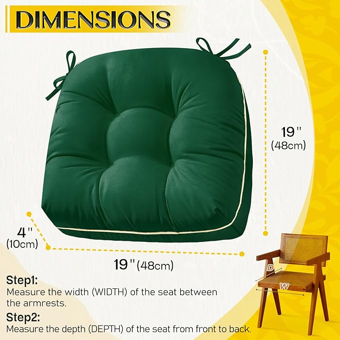 1 MIDDLE ONE Outdoor Chair Cushions Set of 2, Outdoor Cushions for Patio Furniture and Wicker Chair, Memory Foam Patio Seat Cushion Pads with Ties, 19 x 19 Inch (Green)