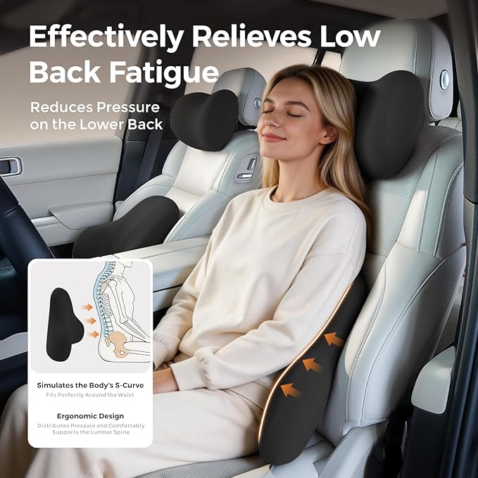 BABUR Lumbar Support Pillow for Car, Ergonomic Memory Foam Support Pillow for Lower Back Pain Relief, Washable Cover, Lumbar Cushion for Driving Seat, Fits Most Cars | Black