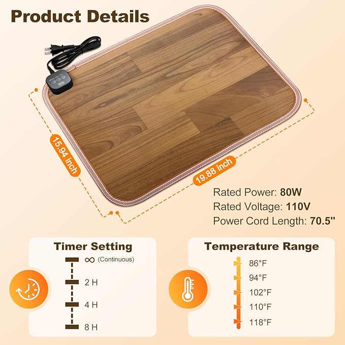Foot Warmer Under Desk - 15.9x19.9in Heated Floor Mat 110V Adjustable Temperature Electric Heater with Timer for Office Home, Heating Pad for Cold Feet (Brown Wood)
