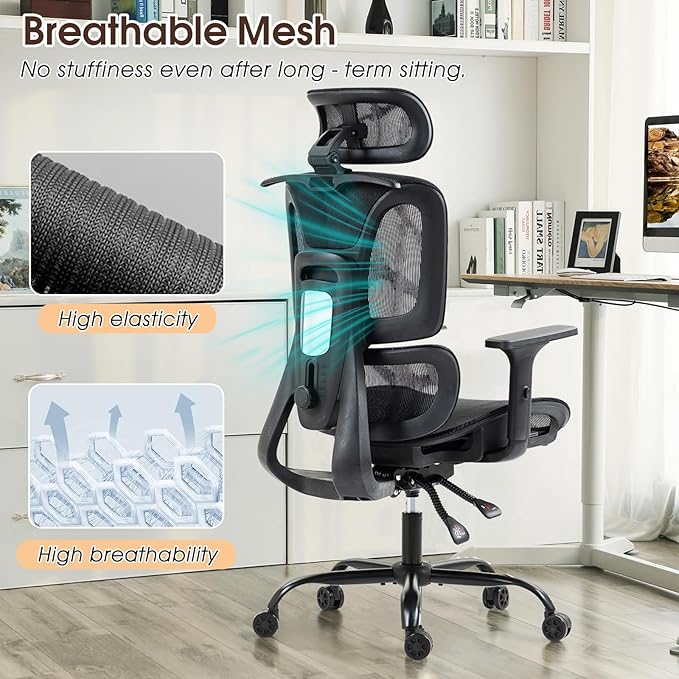ECOTOUGE Mesh Desk Chair, Ergonomic Office Chair with Lumbar Support, Adjustable Headrest & 3D Armrests, Reclining High Back Chair for Home, Black Gaming Chair for Adults