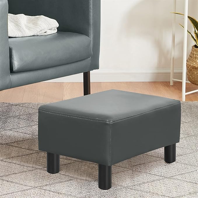 Joveco Small Footstool Ottoman Faux Leather Footrest Modern Rectangular Foot Stools for Living Room Bedroom (Grey)