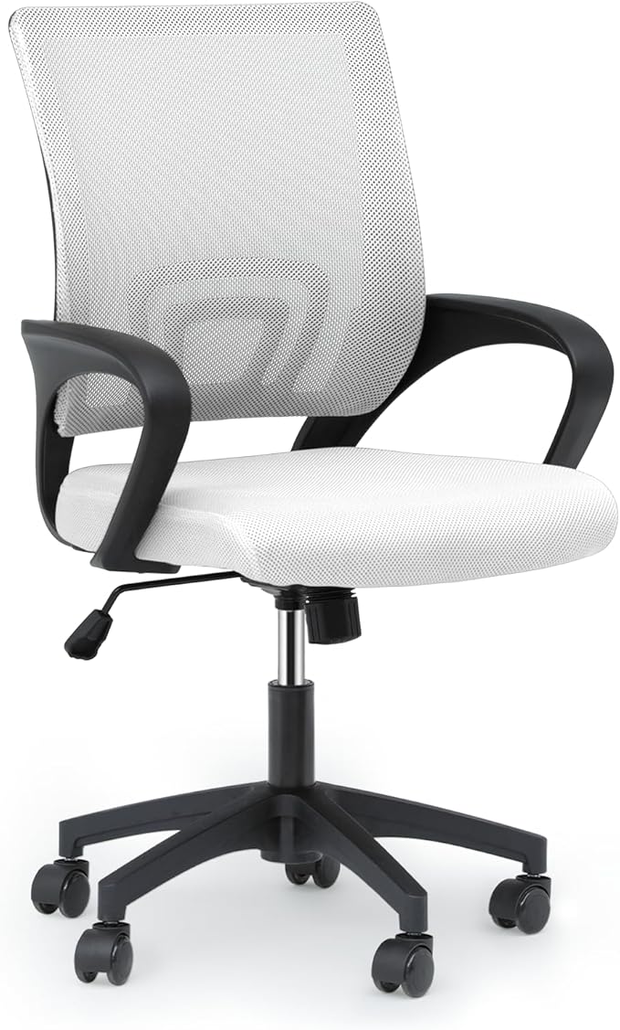 MoNiBloom Mesh Office Chair, Ergonomic Computer Chair for Adults, Rolling Swivel Mid-Back Desk Chair with Lumbar Support, Comfy Armrest for Home Office, Gaming, White