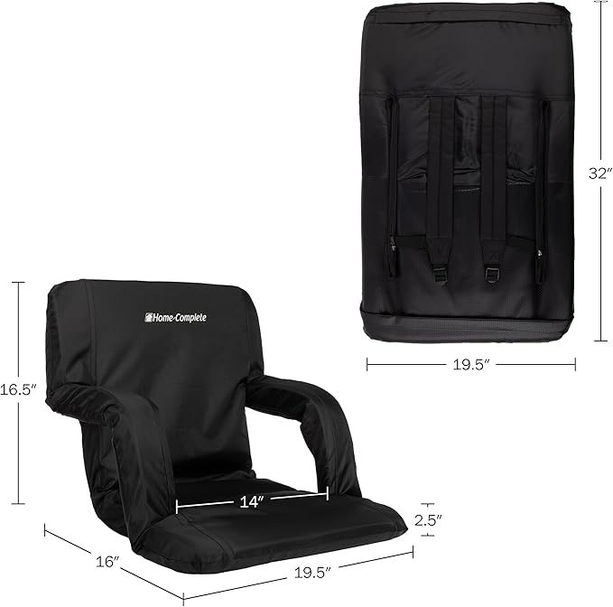Home-Complete Stadium Seats - Bleacher Cushion with Padded Back Support and Armrests - 6 Reclining Positions Folding Stadium Chair with Carry Straps for Sports, Concerts, Camping, or Beach