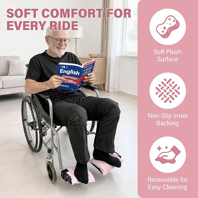 SPRING SEAON Wheelchair Footrest Covers, 1 Pair Soft Plush Foot Rest Pads with Non-Slip Backing, Removable Foam Insert, Hook-and-Loop Closure, Fits Most Standard Wheelchairs (Pink)