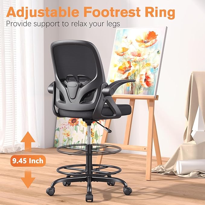 ORRSAKER Drafting Chair Tall Office Chair for Standing Desk, Breathable Mesh Ergonomic Computer Desk Chair with Flip-Up Armrests, Adjustable Lumbar Support and Footrest Ring,300 LBS，Black