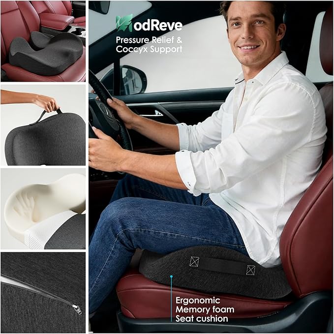 Car Seat Cushion, Memory Foam Cushion with Carry Handle for Drivers, Orthopedic Sciatica & Tailbone Pain Relief for Long Driving, Comfortable Back Support for Car, Truck & Travel - Charcoal