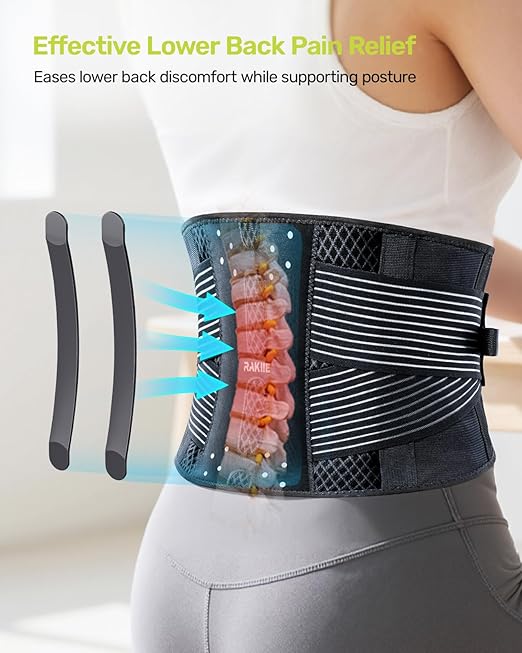 Rakiie Slim Back Brace for Lower Back Pain Relief, Lightweight & Breathable Back Support Brace for Men Women, Ergonomic Light Lumbar Support for Everyday Wear, Light Gray XL