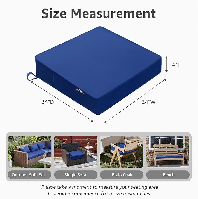 PatioGlow Outdoor Chair Cushions 24 x 24 x 4 Inch, Waterproof & Fade Resistant Patio Seat Cushion for Furniture with Handle and Ties, Thick Seating Pads for Outside Sofa Couch Set of 2, Blue