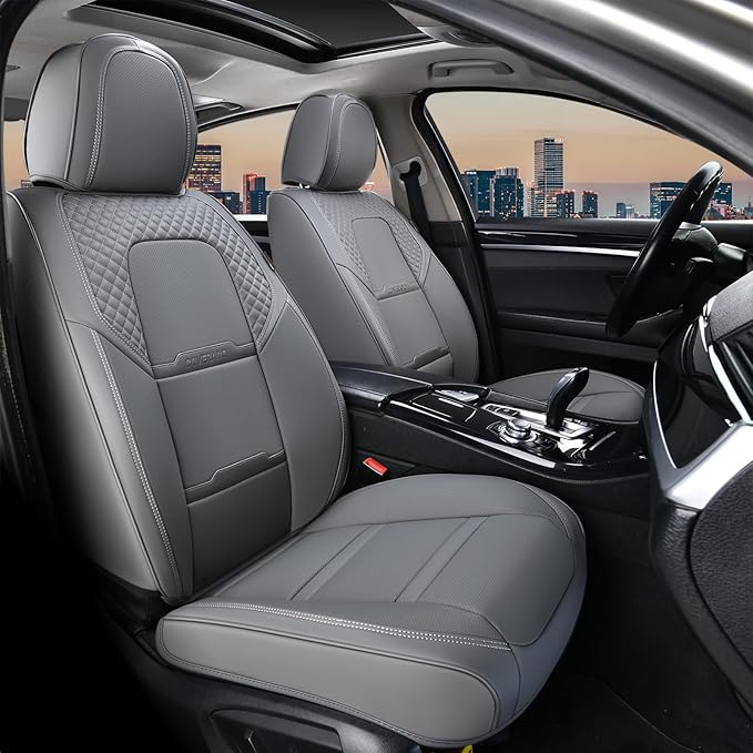 Coverado Car Seat Covers Front Seats, 2 Piece Car Seat Protector with Removable Headrest, Nappa Leather Breathable Front Seat Cushion Side All Wrapped Universal Fit Truck Automotive Most Cars Gray