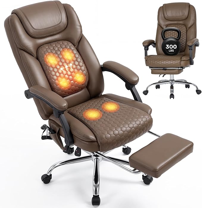 MALOL Massage Office Chair with Heat and Footrest - 3-Level 65°C Targeted Heating, 20-Min Easy Assembly Leather Desk Chair, Big and Tall Executive Computer Chair with Side Pocket, 300 lbs, Brown