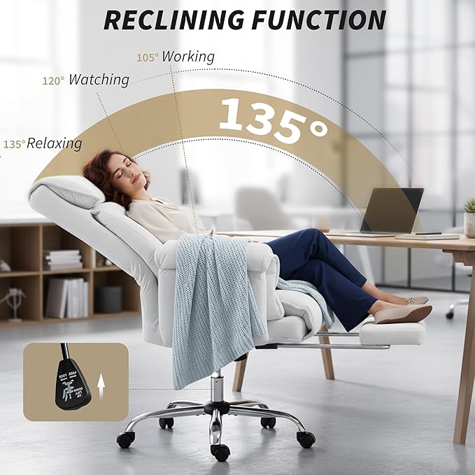 HOMCOM Executive Office Chair Comfy with Foot Rest, Reclining Swivel Computer Desk Chair with High Folding Back, Thick Cushion, Padded Armrest, Adjustable Height, Rolling Wheels, Cream White