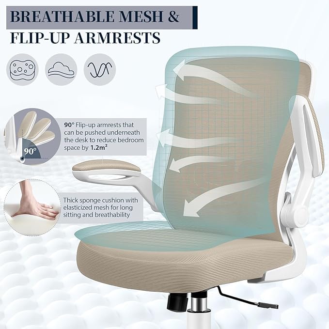 Ergonomic Office Chair 2026 - Mesh Desk Chair with Flip-up Armrests, Adjustable Height and Lumbar, 360° Swivel Comfortable Computer Chairs for Home, Conference Room, Reception, Kahki