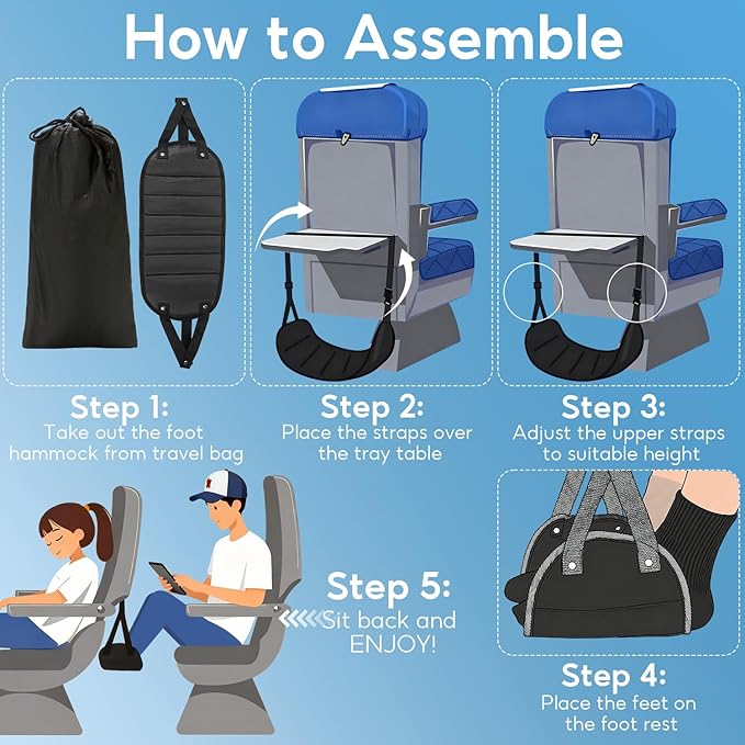 2-PACK Airplane Foot Hammock, Adjustable Plane Foot Rest for Long Flight, Plane Travel Essentials to Relax Your Feet, Foot Rest for Air Travel, Desk & Car (Large, Count, 2.0)
