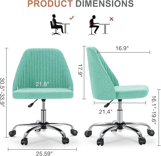 DUMOS Office Chair, Comfy Desk Chair Rolling Vanity Swivel Task Chairs with Wheels, Wide Seating Armless Height Adjustable Computer Chairs for Home,Bedroom,Student,Adults, Green