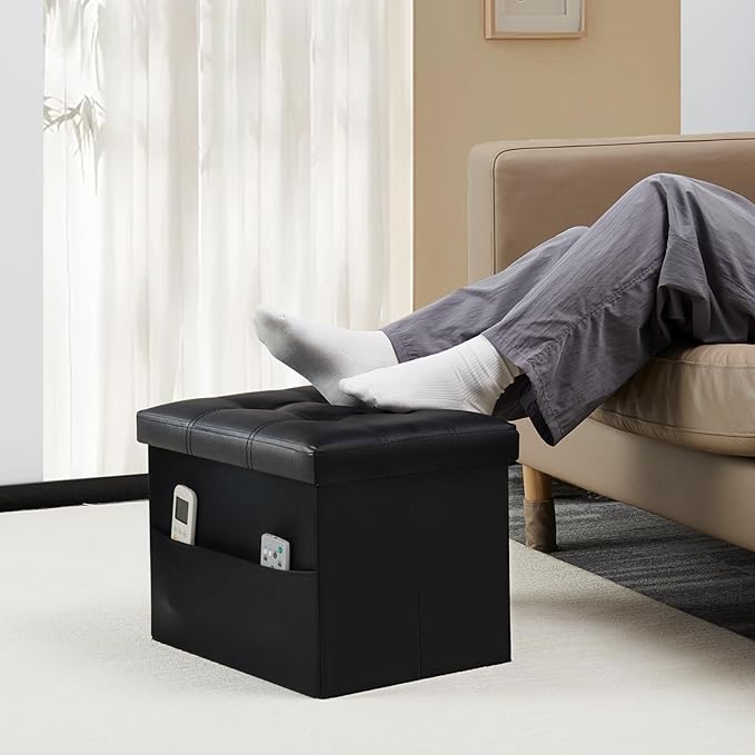 Bsketa Storage Ottoman Foot Rest Stool, Small Leather Storage Ottomans Bench, Folding Footstool with Side Pockets, Foot Rest Under Desk for Living Room Bedroom, 16x12x12 in, Black 2 Pack
