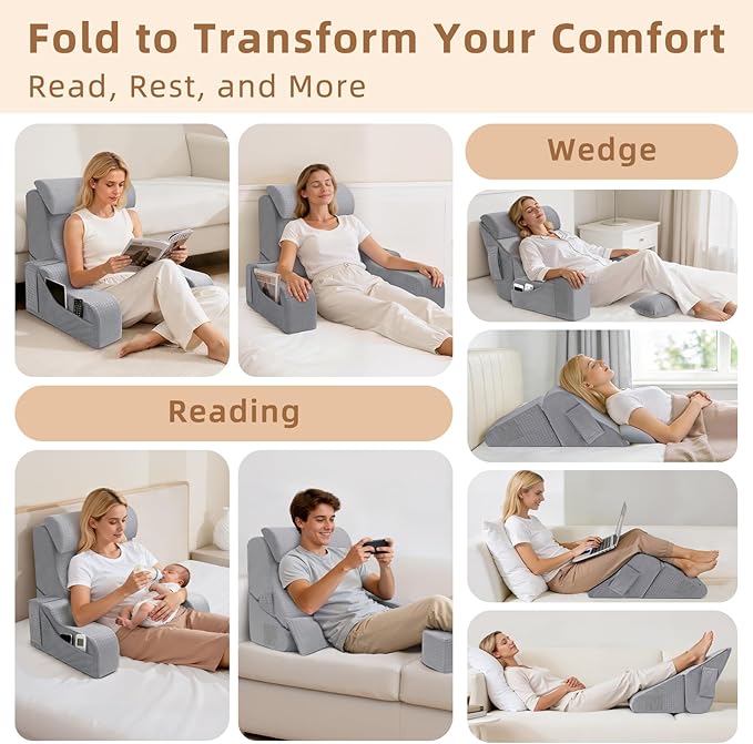 5PCS Reading Pillow for Sitting in Bed Adult, 2 in 1 Foldable Back Wedge Pillow for Sleep, Ergonomic Back Support Pillow with Arms for Watching TV, Gaming, Working, Recovery, 19” Grey