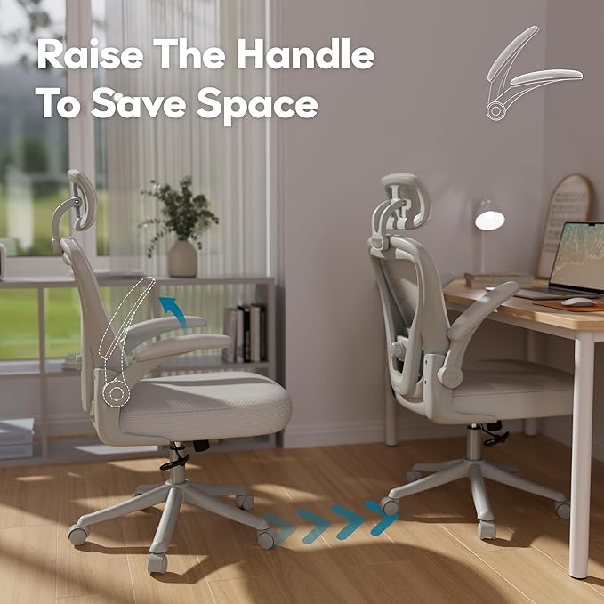 SeekFancy Ergonomic Office Chair M903, Computer Desk Chair with Wheels, High Back Mesh Office Chair with Adjustable Lumbar Support, Headrest, Flip-Up Armrests, All Grey