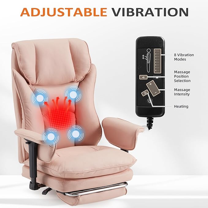 HOMREST 4-Point Massage Office Chair with Heat, 155° Reclining Executive Desk Chair with Adjustable Armrests, Ergonomic High Back Computer Chair for Home Office, Pink