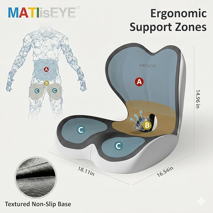 Orthopedic Memory Foam Seat Cushion with Adjustable Strap, Coccyx & Sciatica Pain Relief, Washable Non-Slip for Long Sitting, Ergonomic Posture Support for Office Chair, Car & Wheelchair (Double Grey)