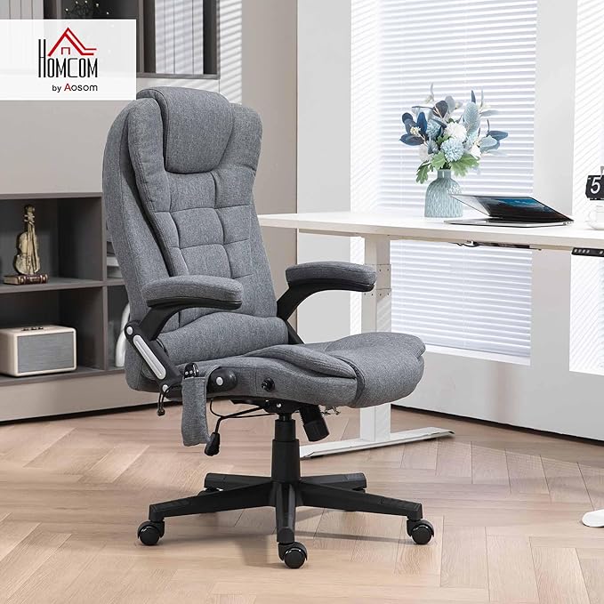 Vinsetto 6 Point Vibrating Massage Office Chair with Heat, Linen High Back Executive Office Chair with Reclining Backrest, Padded Armrests and Remote, Gray