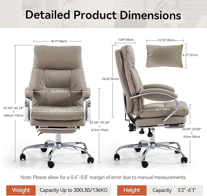 LEAGOO Office Chair with Foot Rest, Executive Reclining Office Chairs with Arms, Ergonomic High Back PU Leather Comfy Swivel Computer Desk Chairs with Wheels and Lumbar Support for Home Office, Tan
