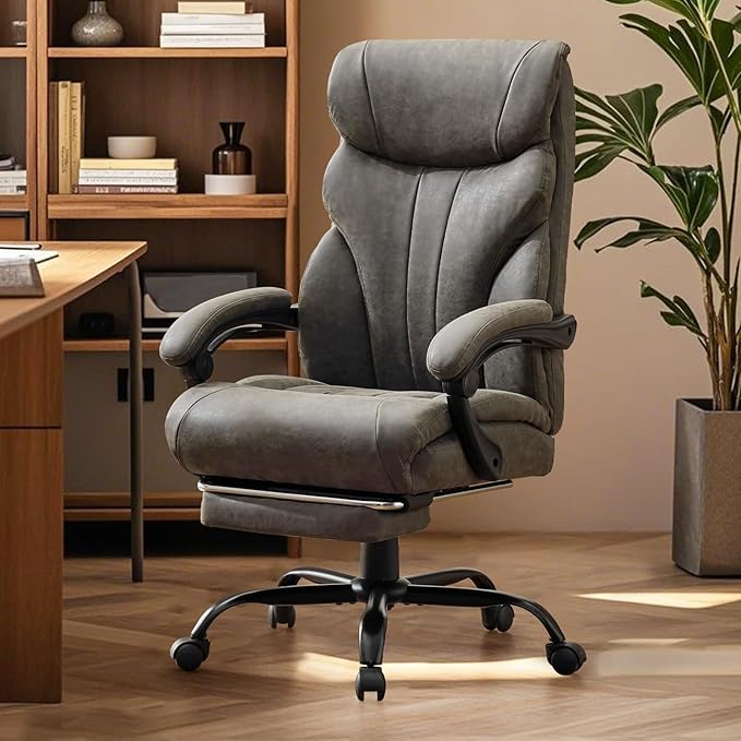Garvee Comfortable Office Desk Chair 500 LBS, Big and Tall Office Chairs with Adjustable Flip-up Armrests,100-118°Recline Executive Leather Gaming Chair for Heavy People, Long Hours,Gray