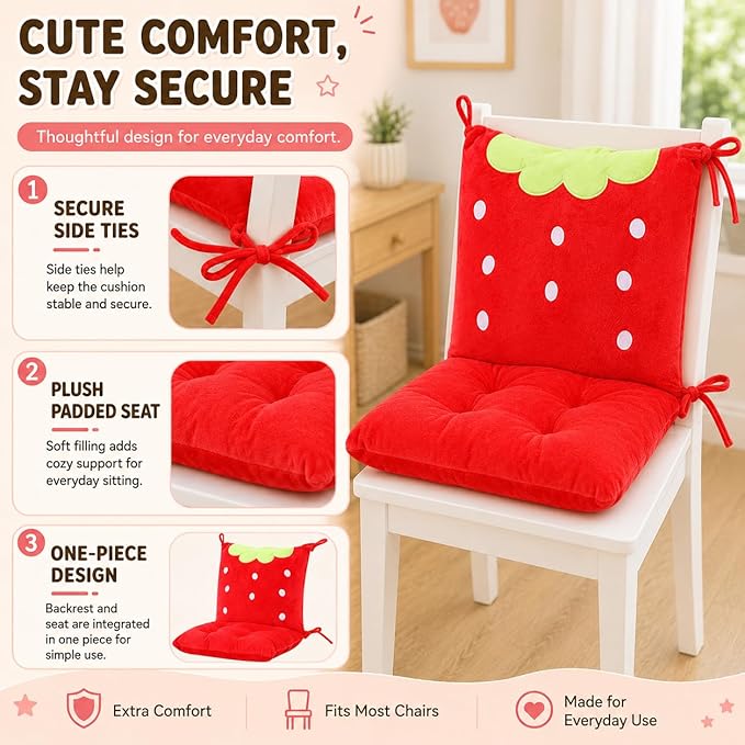 ChezMax Chair Cushion Plush Seat Cushion Back Cushion with Ties Thickened Desk Chair Pads Cartoon Waist Pillow Cushion Decor for Chair Car Office Patio Wheelchair Cartoon Strawberry