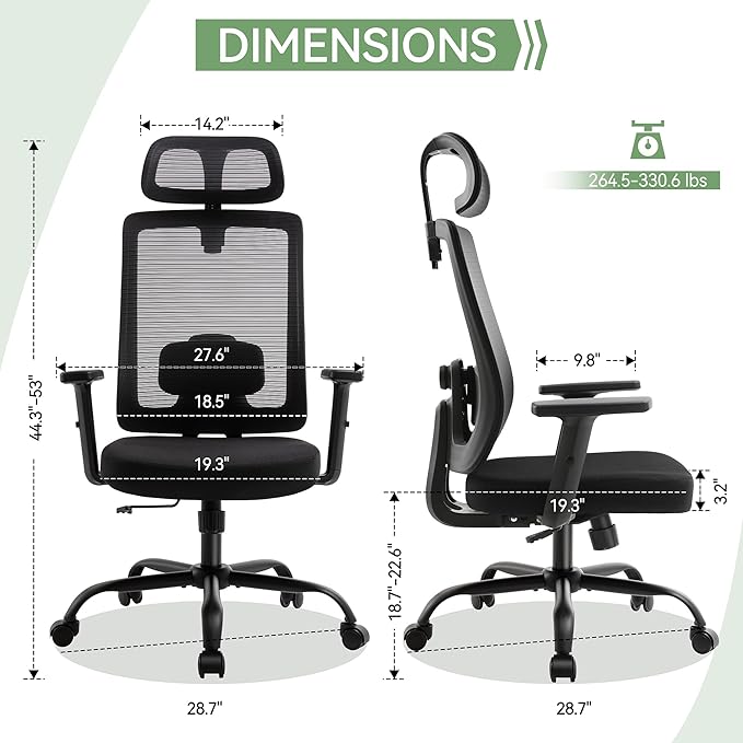 Ergonomic Office Chair Mesh High Back, Office Desk Chair with Adjustable Lumbar Support, Rolling Work Chairs with Wheels and 3D Headrest, Black