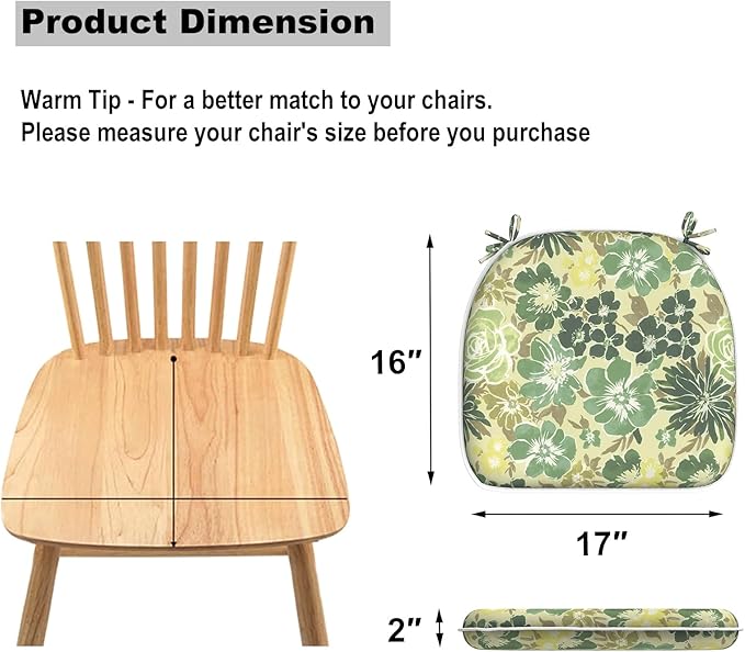 DYTXIII Set of 2 Outdoor Chair Cushions with Ties, Water Repellent Patio Chair Pads 17"x 16" for Outdoor Furniture, Round Corner Seat Cushions for Garden Yard Kitchen Green Rose
