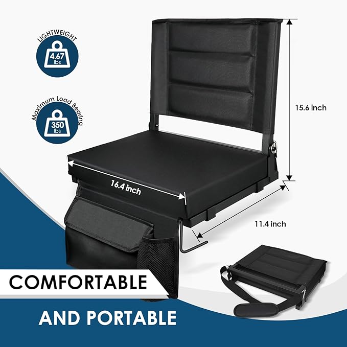 Stadium Seats with Back Support,Bleacher Chairs with Cushion, Portable Folding Stadium Chair with Removable Cushion and Large Pocket for School Events Sports Game(Black 2 Pack)