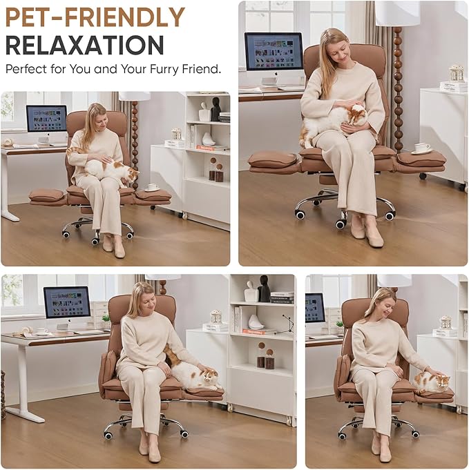 Big and Tall Office Chair with Flip Armrests, Cross Legged Office Chair with Storage Pockets, Comfortable Reclining Computer Chair with Foot Rest, Wide Home Office Desk Chair, Leather Brown