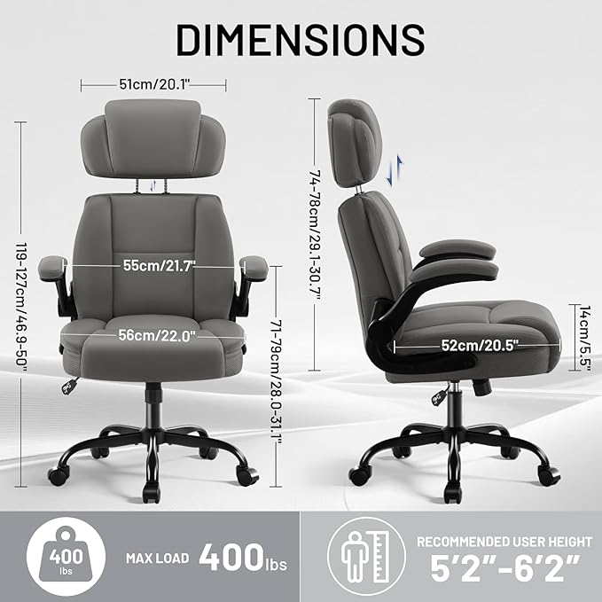 AreShark Ergonomic Office Chair with Lumbar Support, 400lbs Heavy Duty Big and Tall Executive Desk Chair, PU Leather High Back Computer Chair with Flip-Up Arms & Adjustable Headrest, Gray