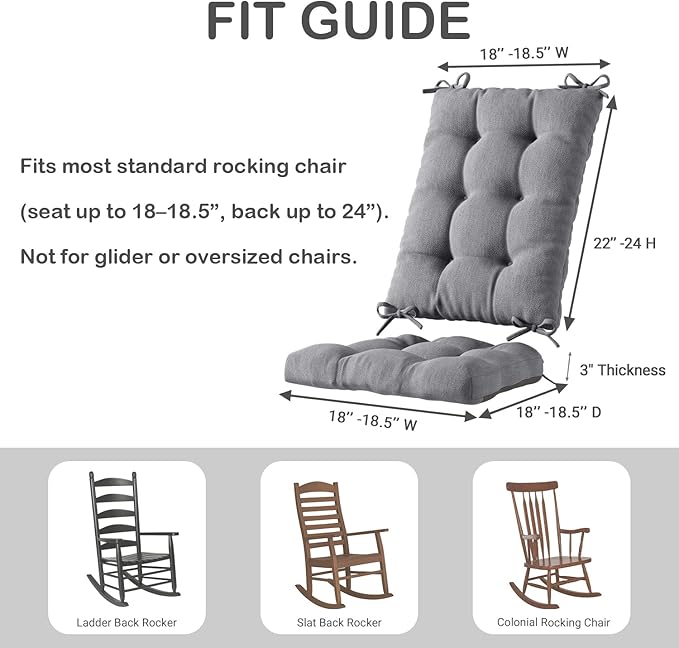Codi Rocking Chair Cushions Indoor, Water Resistant Glider Rocker Replacement Cushion Set for Patio Porch Garden - Fits Most Standard Rockers, Grey 1PK
