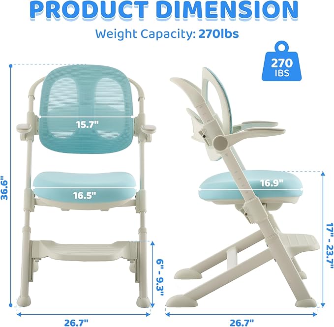 ERIYA Kids Desk Chair,Ergonomic Chair: Breathable Mesh Back, Adjustable Seat, Flip-Up Armrests, Footrest, Lumbar | Ideal for Kids, Petite Adults – Ultra-Comfy for Study/Work (Blue)