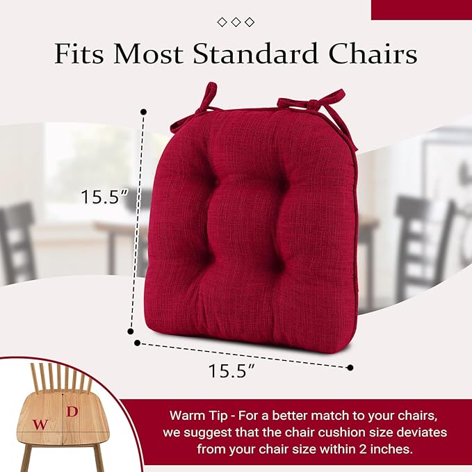 Wellsin Chair Cushions for Dining Chairs, Non-Slip Kitchen Chair Pads with Ties, Tufted Shredded Foam Kitchen Chair Cushions Set of 2, 15.5" X 15.5", Red