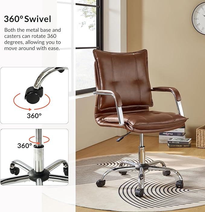 HULALA HOME Faux Leather Home Office Desk Chair, Adjustable Swivel Computer Chair with Sliver Legs and Arms, Comfy Upholstered Task Chair(Brown)
