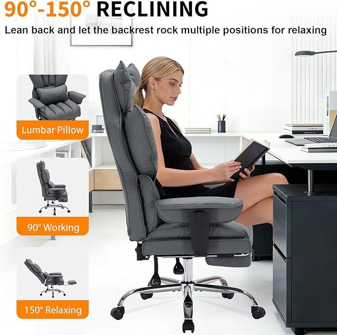 Garvee Big and Tall Office Chair, Executive Leather Office Chair with Footrest, 400lbs Ergonomic Gaming Chair for Adults, Wide Seat Computer Desk Chair with Lumbar Support, 150 Degree Reclining, Gray