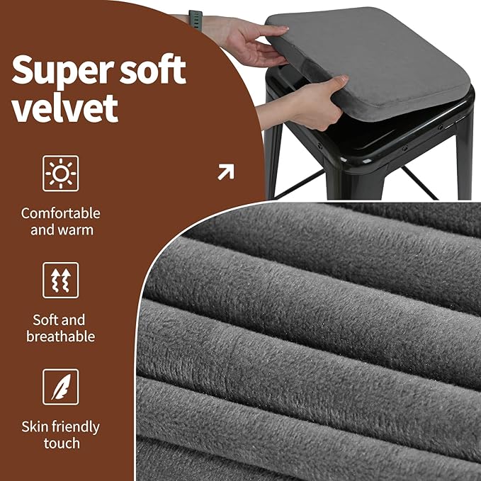 SINOSSO Magnetic Memory Foam Metal Stool Cushions Set of 2, Luxury Velvet Bar Cafe Stackable Chair Seat Pads, Non-Slip & Washable (Square, Gray, 2)