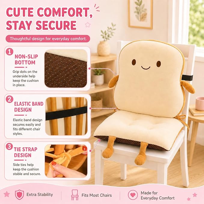 ChezMax Chair Cushion Plush Detachable Seat Back Cushion with Ties Thickened Chair Pads Toast Cartoon Waist Pillow for Outdoor Car Office Patio Bedroom Living Room Smiley
