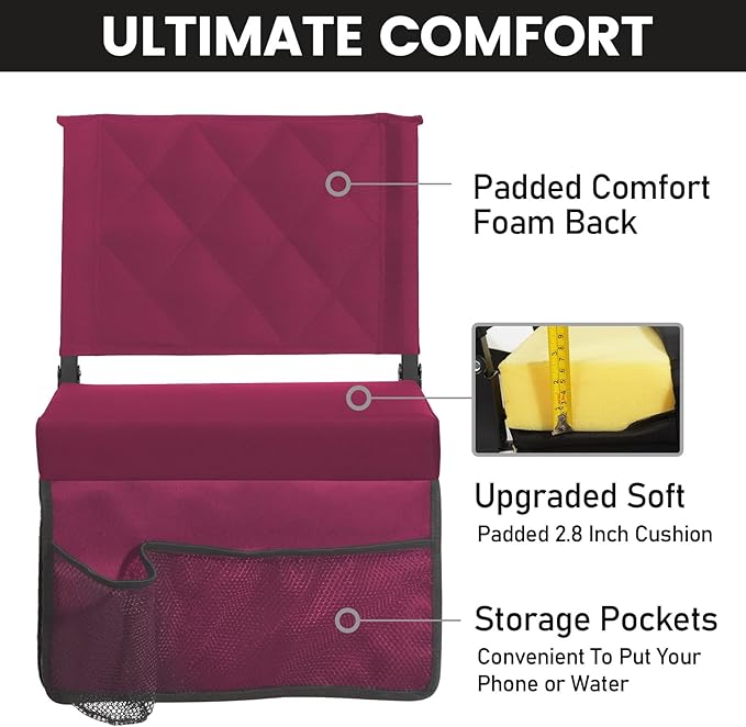 Sheenive Stadium Seats for Bleachers with Back Support, Bleacher Seats with Backs and Cushion Wide, Padded Portable Folding Comfort Stadium Chair with Shoulder Strap, Perfect for Sports Events, Maroon