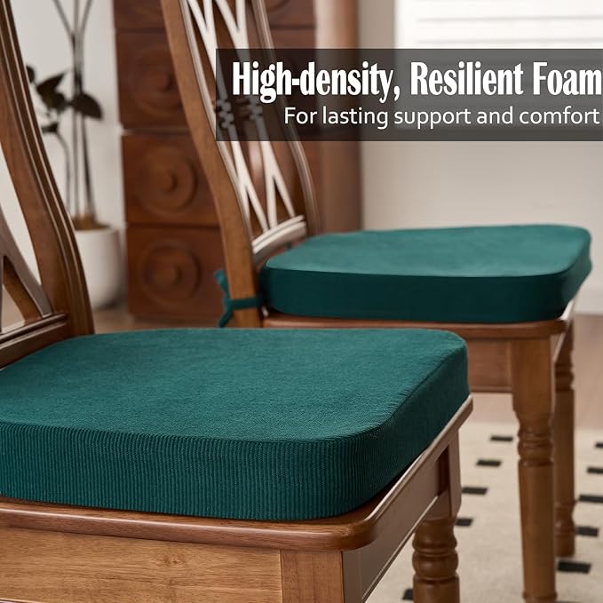2'' Thick High-Density Foam Indoor Chair Cushions | Dining Chair Pads with Ties, Removable Washable Cover, Kitchen Chair Cushions 17"x16",Hunter Green 4 Pack