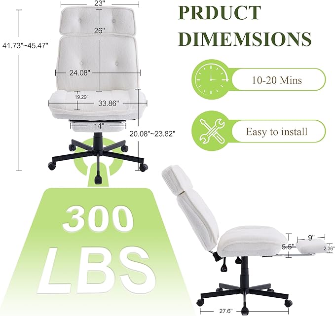 Criss Cross Chair with Wheels, Wide Seat Cross Legged Office Chair with Footrest, Adjustable Headrest & Reclining Backrest, Upholstered Ergonomic Desk Chair for Home Office, Gaming, Vanity (White)
