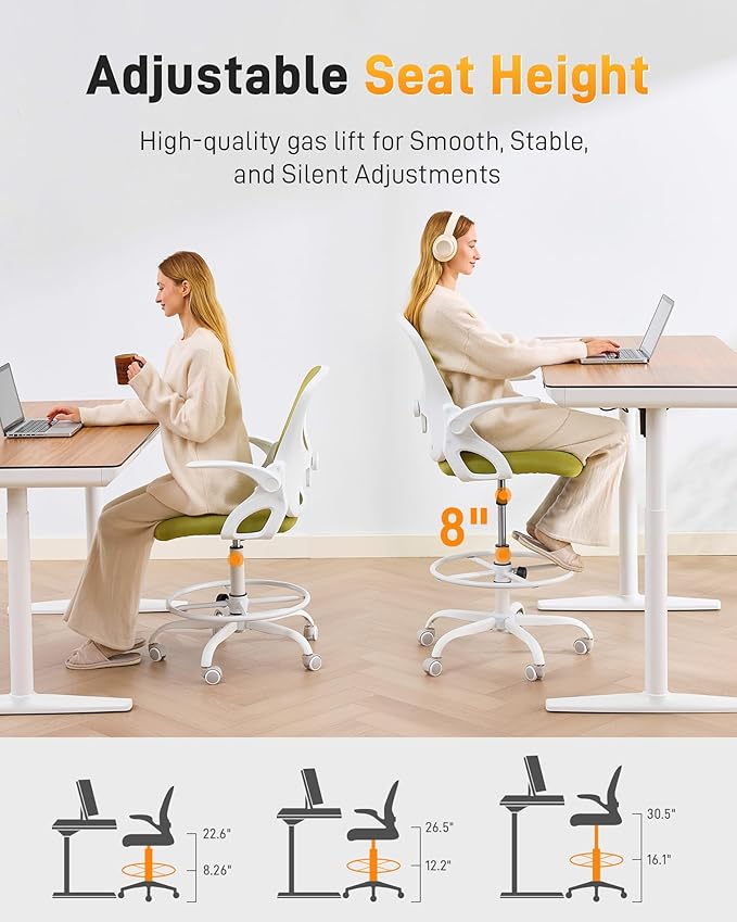 LukkDys Drafting Chair with 4D Multi-Adjustable Backrest, Tall Office Chair 19.7"-27.6" Seat Height, Ergonomic Standing Desk Chair with Flip-up Arms, Foot Ring, Green&White