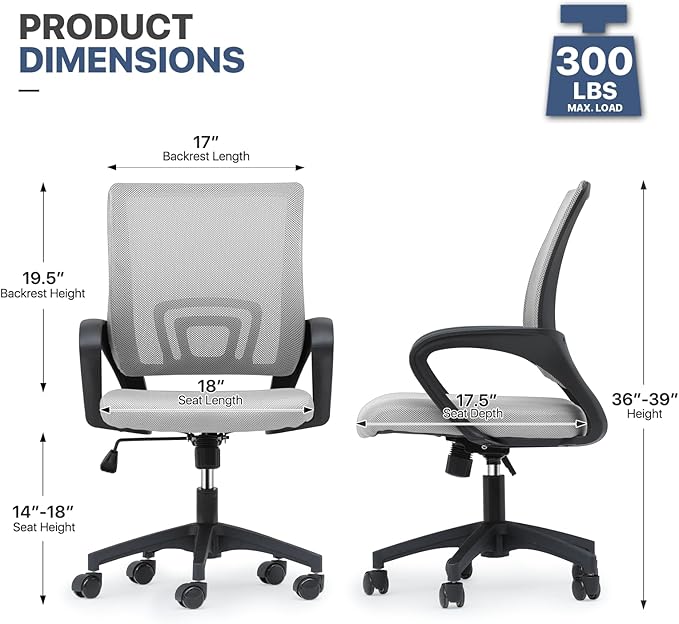 MoNiBloom Mesh Office Chair Set of 2, Ergonomic Computer Chair for Adults, Rolling Swivel Mid-Back Desk Chair with Lumbar Support, Comfy Armrest for Home Office, Gaming, Light Gray