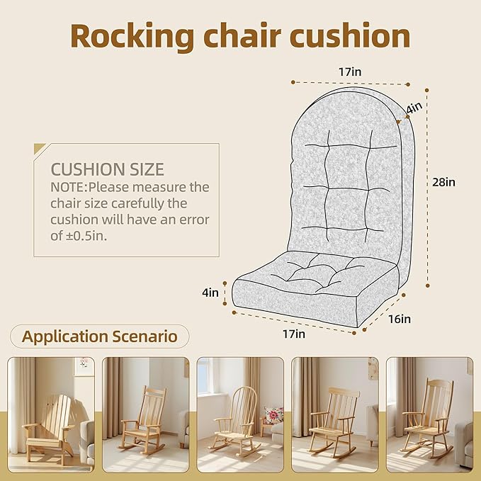 Rocking Chair Cushion - Lola Cotton-Linen Fabric, High-Density Sponge, Durable Comfort Non-Slip Bottom Tufted Seat Pads with Ties, Lola︱Off-White, 44x19x4 inch